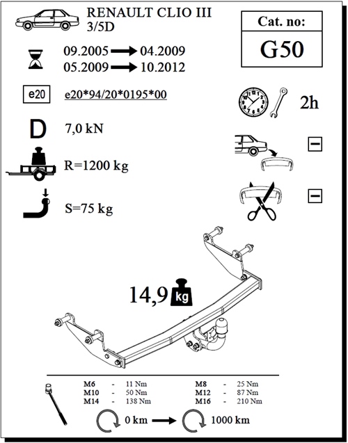 Renault Clio Çeki Demiri , Kuğu Boynu - Sabit , 2005 - 2012