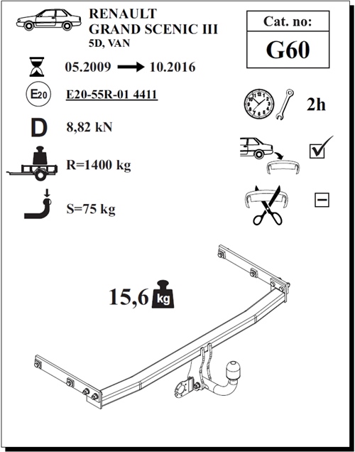 Renault Grand Scenic Çeki Demiri , Kuğu Boynu - Sabit , 2009 - 2016