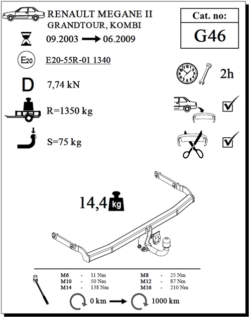 Renault Megane Grandtour Çeki Demiri , Kuğu Boynu - Sabit , 2003 - 2009
