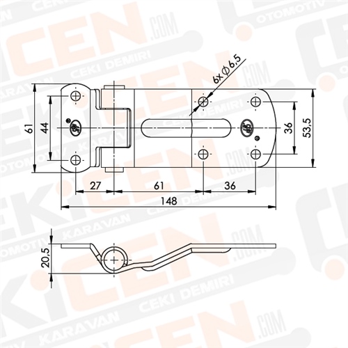 Römork Kasa Menteşesi - 148 mm x 61 mm