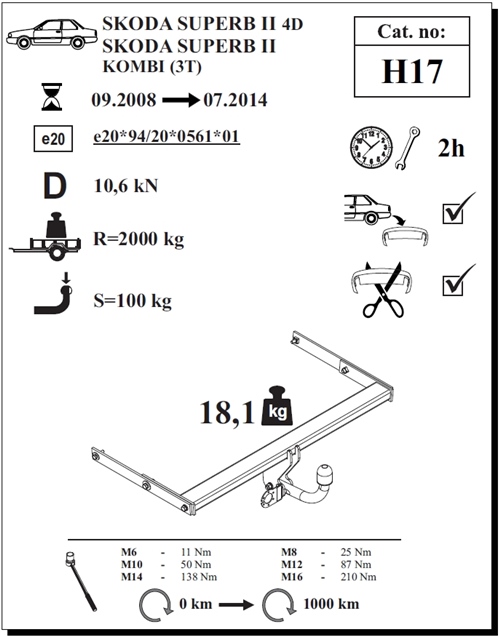 Skoda Superb Çeki Demiri , Kuğu Boynu - Sabit , 2008 - 2014