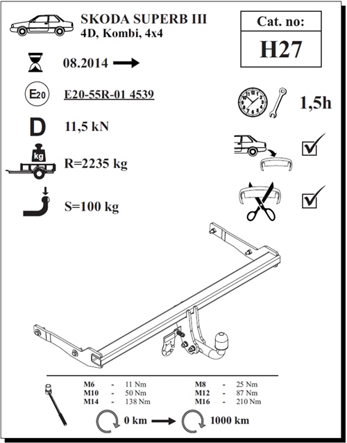 Skoda Superb Kombi Çeki Demiri , Kuğu Boynu - Sabit , 2014 - Bugüne