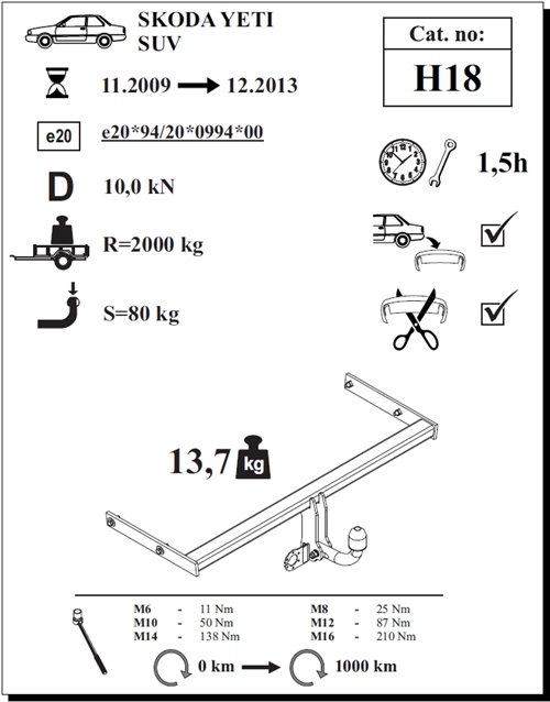 Skoda Yeti Çeki Demiri , Kuğu Boynu - Sabit , 2009 - 2013