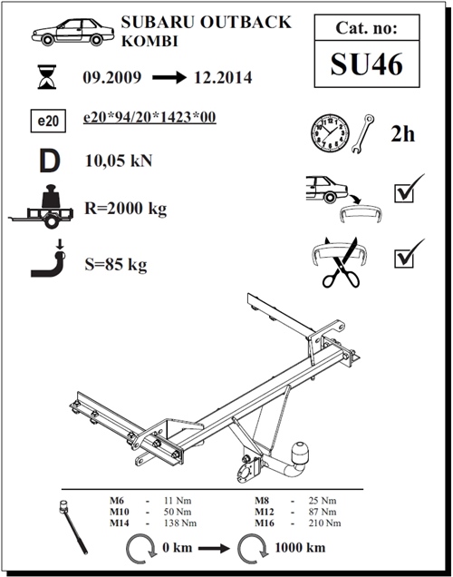 Subaru Outback Çeki Demiri , Kuğu Boynu - Sabit , 2009 - 2014