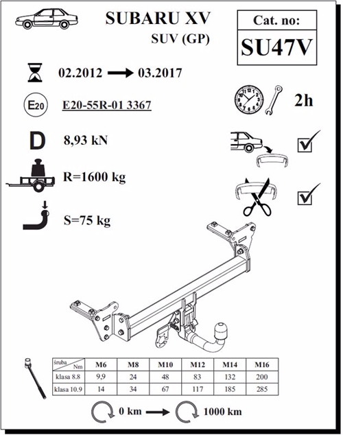 Subaru XV Çeki Demiri , Dikey Sökülebilir , 2012 - 2017