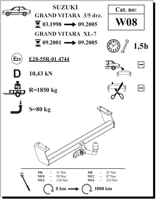 Suzuki Grand Vitara 3/5K Çeki Demiri , Kuğu Boynu - Sabit , 1998 - 2005