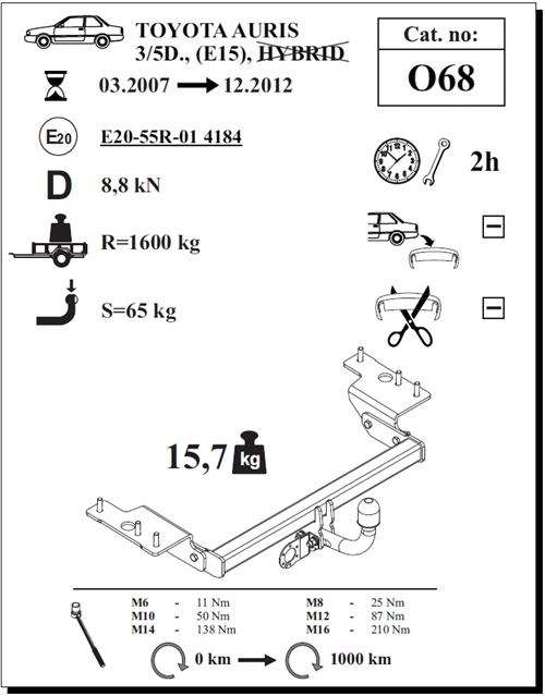 Toyota Auris Çeki Demiri , Kuğu Boynu - Sabit , 2007 - 2012