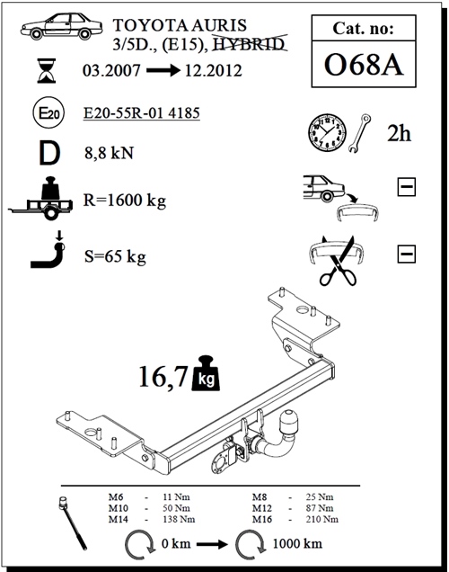 Toyota Auris Çeki Demiri , Yatay Sökülebilir , 2007 - 2012