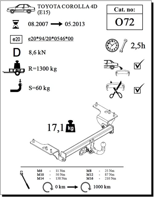 Toyota Corolla 4K Çeki Demiri , Kuğu Boynu - Sabit , 2007 - 2013