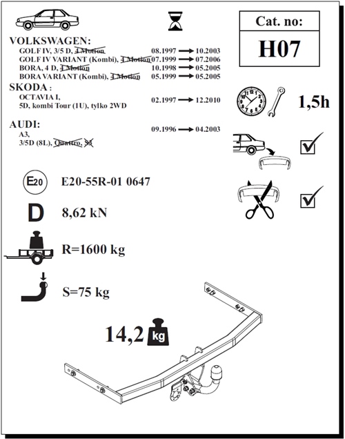 Volkswagen Golf Çeki Demiri , Kuğu Boynu - Sabit , 1997 - 2003