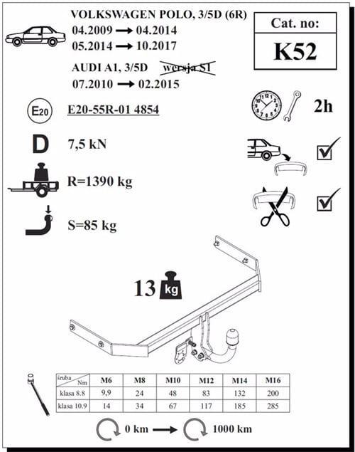 Volkswagen Polo Çeki Demiri , Kuğu Boynu - Sabit , 2009 - 2017