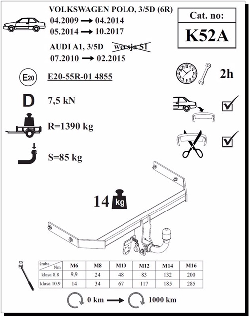 Volkswagen Polo Çeki Demiri , Yatay Sökülebilir , 2009 - 2017