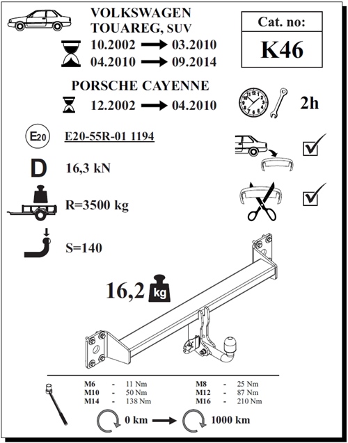 Volkswagen Touareg Çeki Demiri , Kuğu Boynu - Sabit , 2002 - 2014