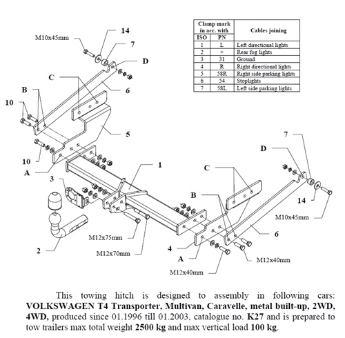 Volkswagen Transporter T4 Van Çeki Demiri , Kuğu Boynu - Sabit , 1996 - 2003