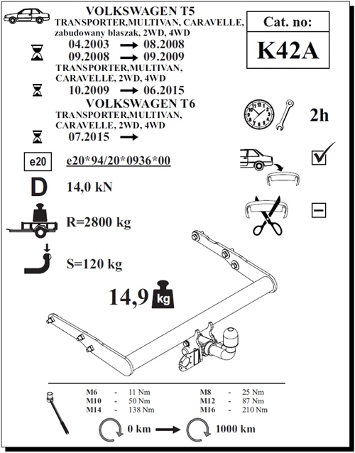 Volkswagen Transporter T5-T6 Van Çeki Demiri , Yatay Sökülebilir , 2003 - Bugüne