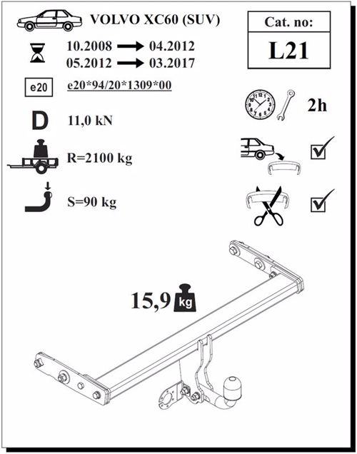 Volvo XC60 Çeki Demiri , Kuğu Boynu - Sabit , 2008 - 2017