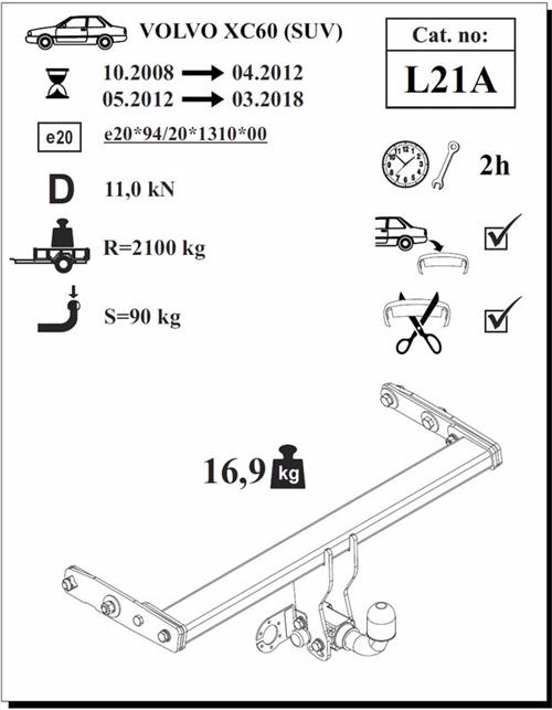 Volvo XC60 Çeki Demiri , Yatay Sökülebilir , 2008 - 2017