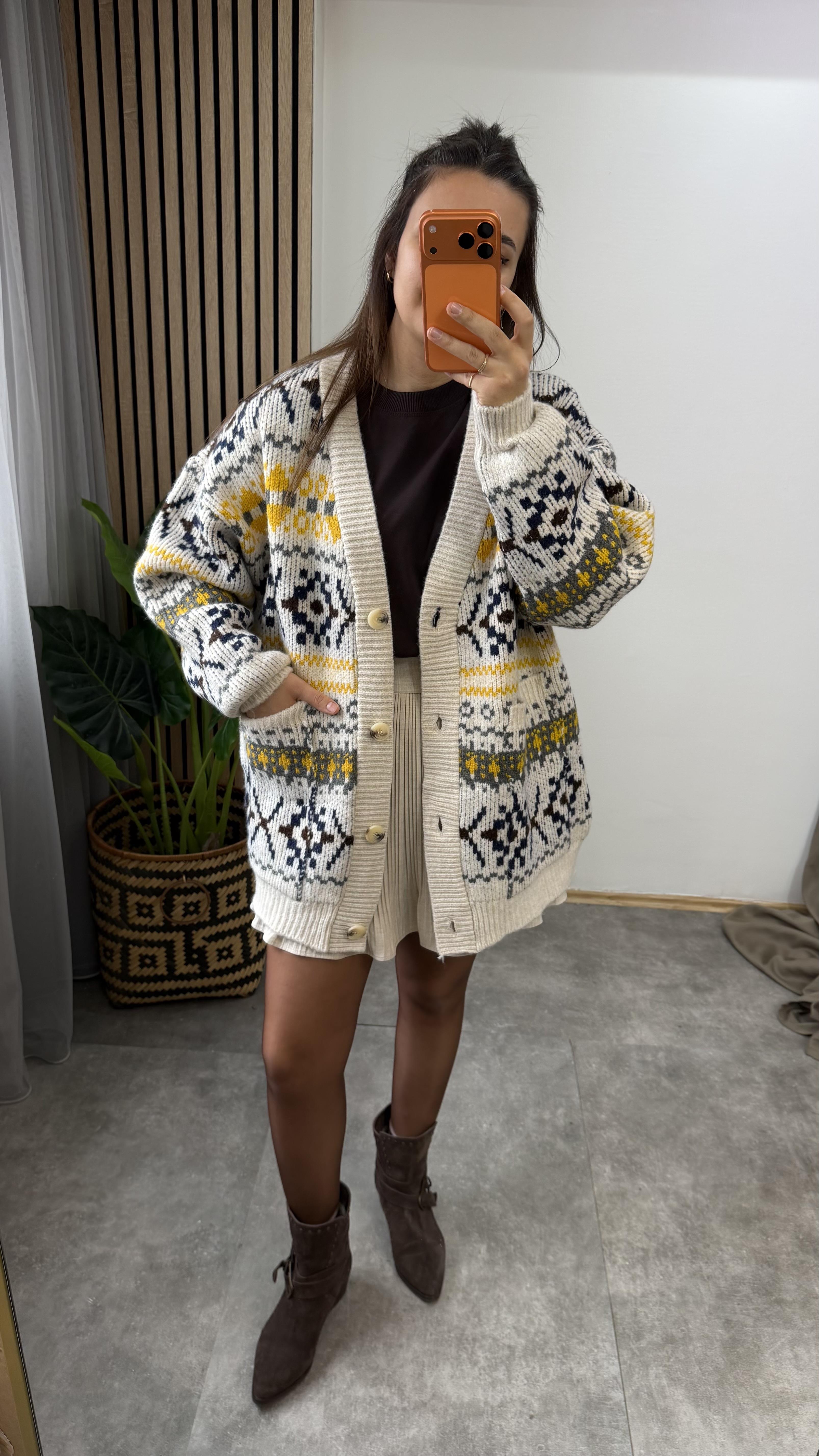 EKRU ETNİK DESEN HIRKA