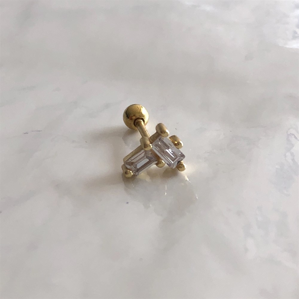 925 double baget taşlı piercing küpe