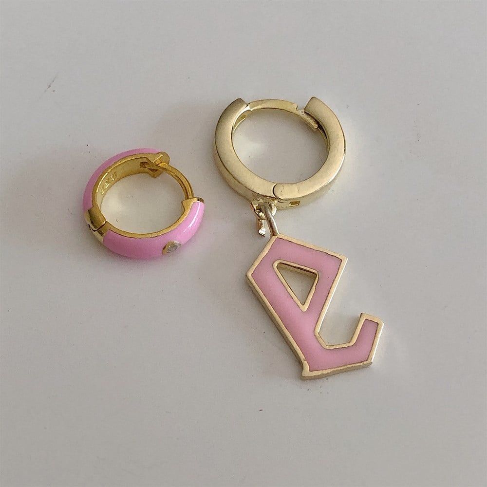 925 KOMBİN pembe harf küpe ile halka küpe