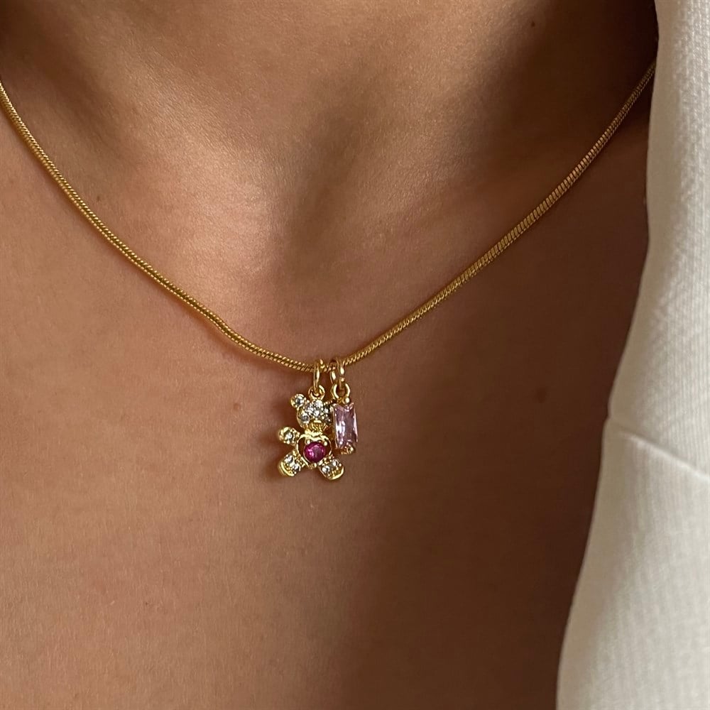 Kombin taşlı ayıcık ve pembe baget taşlı kolye