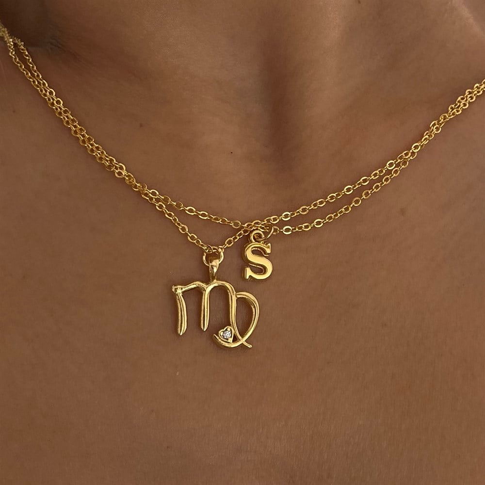 Kombin tek taşlı burç ile harf kolye