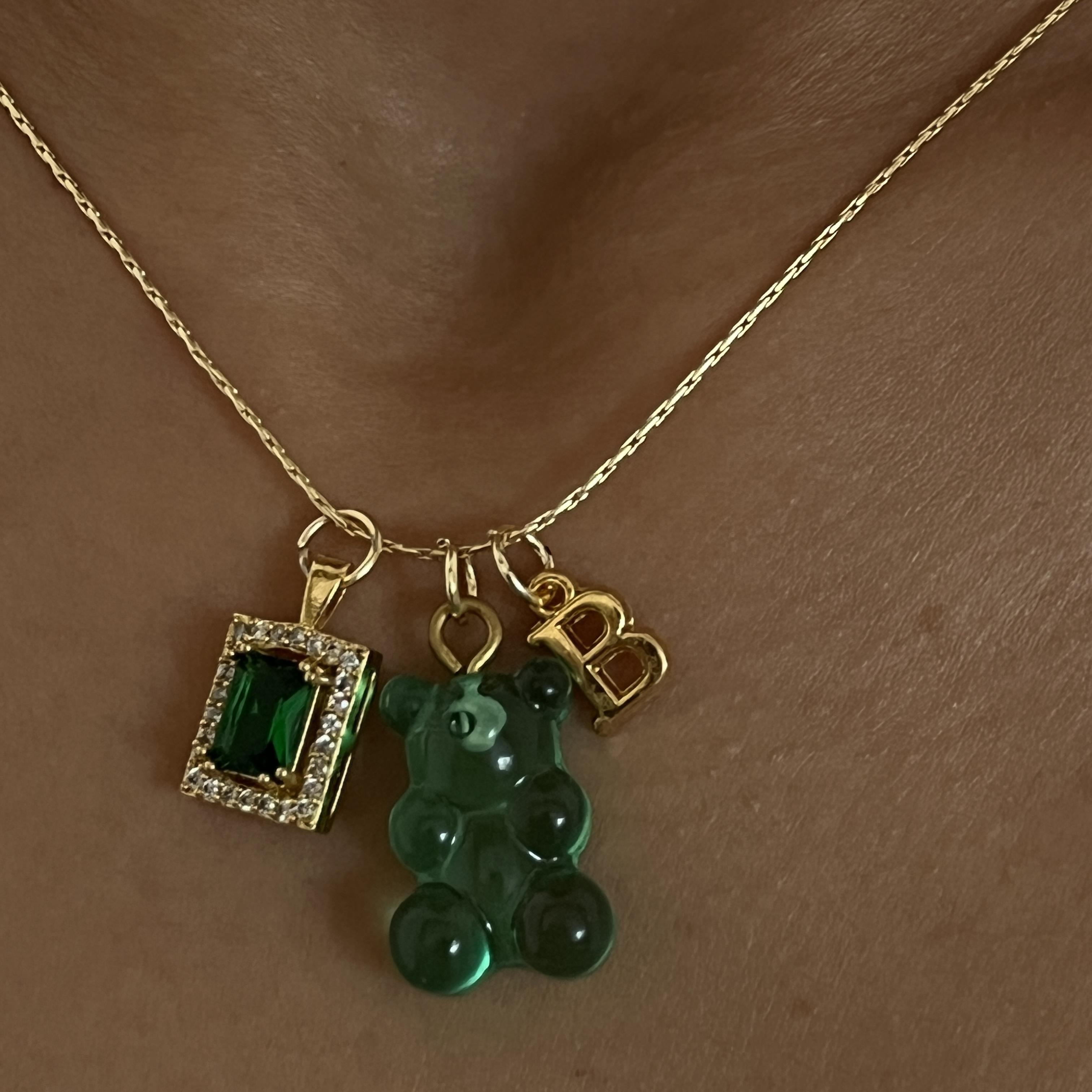 Yeşil Kombin Kolye Seti Taşlı Kolye Harf Jelibon