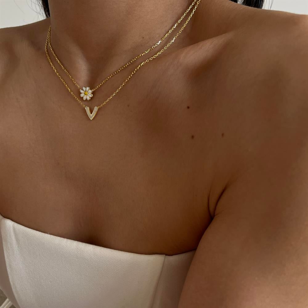 925 ayar gümüş beyaz mineli papatya kolye