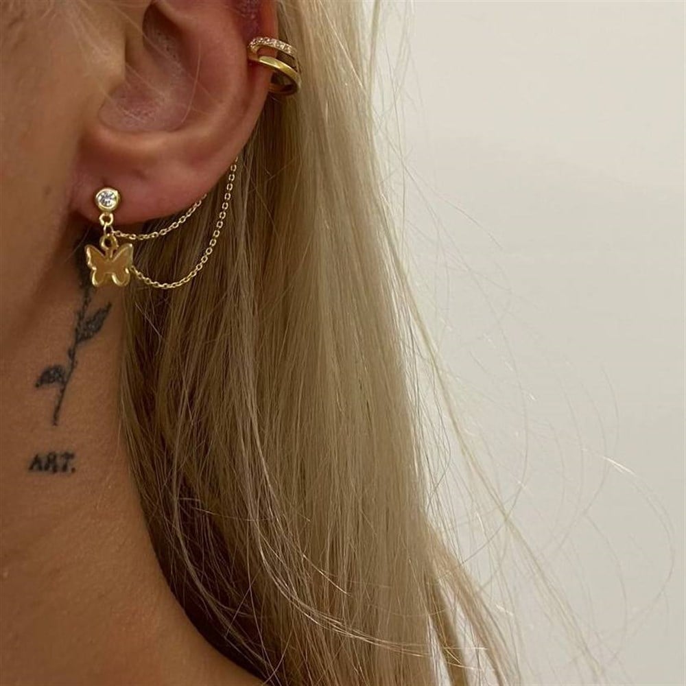 925 ayar gümüş kelebekli ear cuff küpe