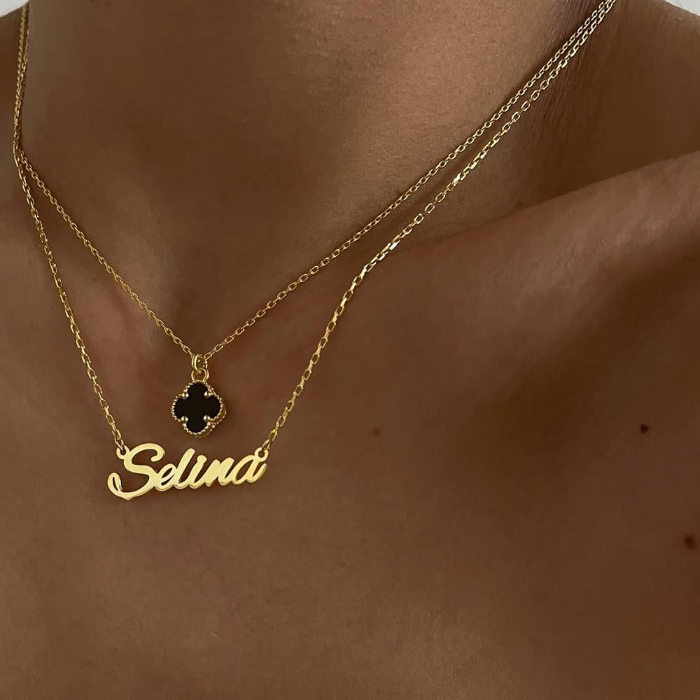 925 ayar gümüş siyah yonca kolye