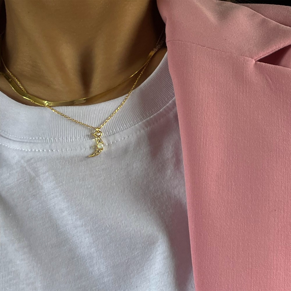 925 beyaz opal taşlı ay kolye