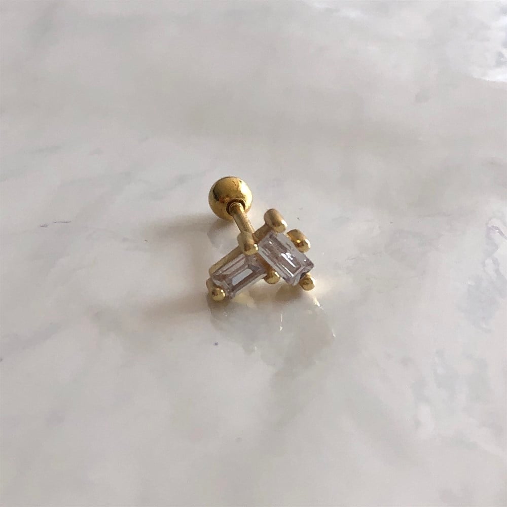 925 double baget taşlı piercing küpe