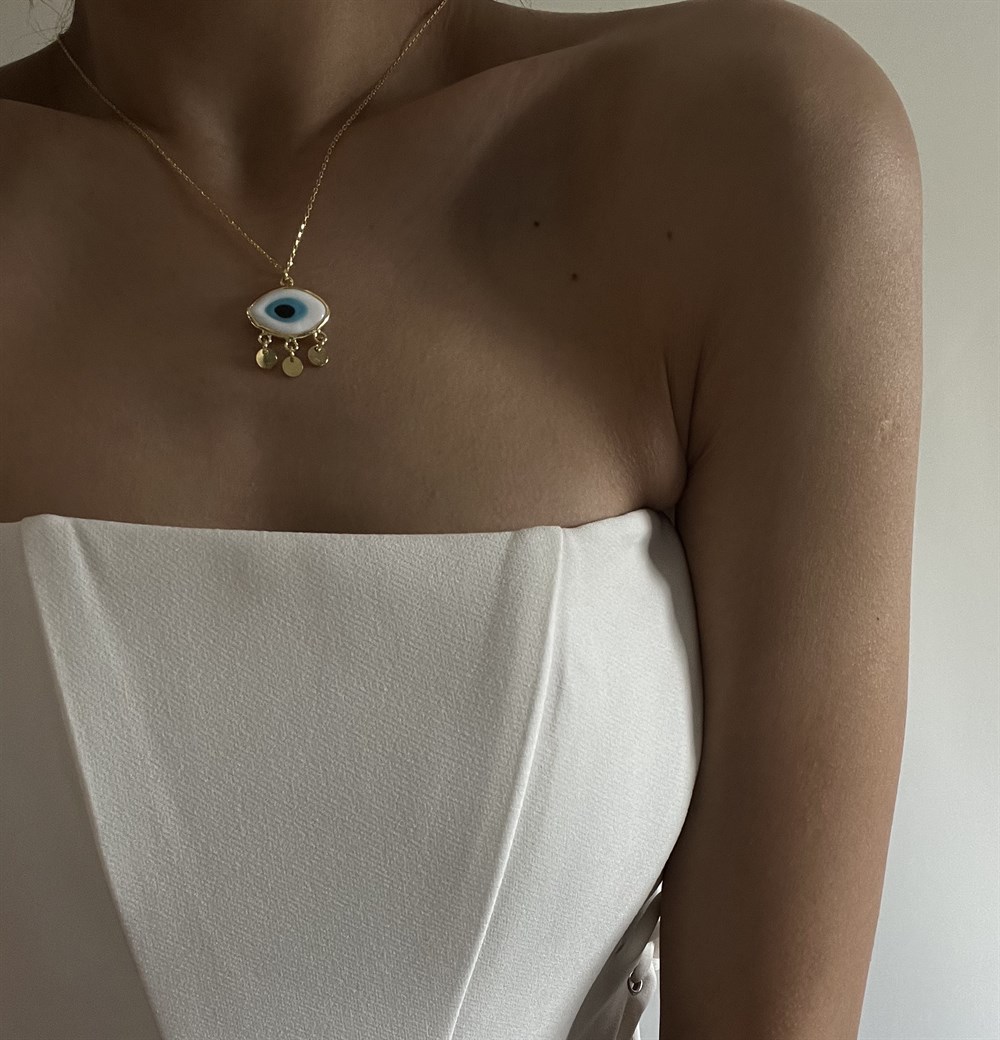 925 gümüş pullu beyaz nazar boncuğu kolye