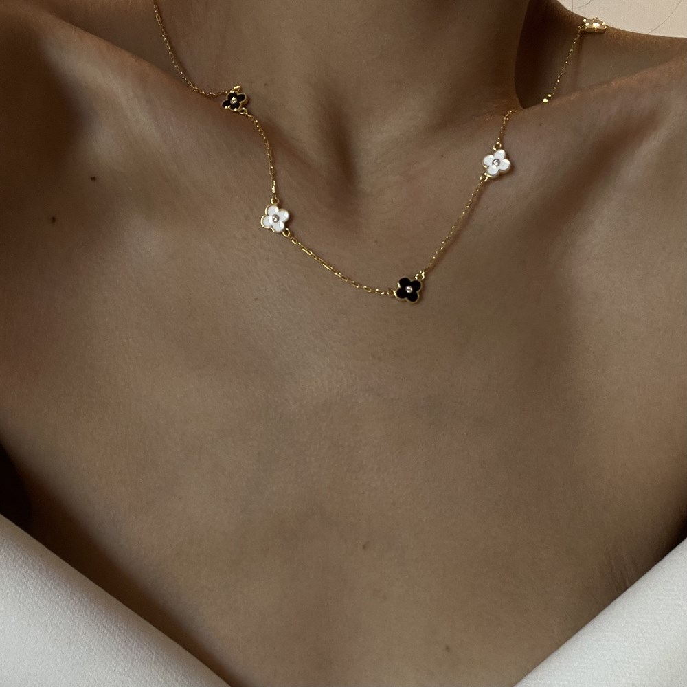 925 gümüş siyah beyaz yonca kolye