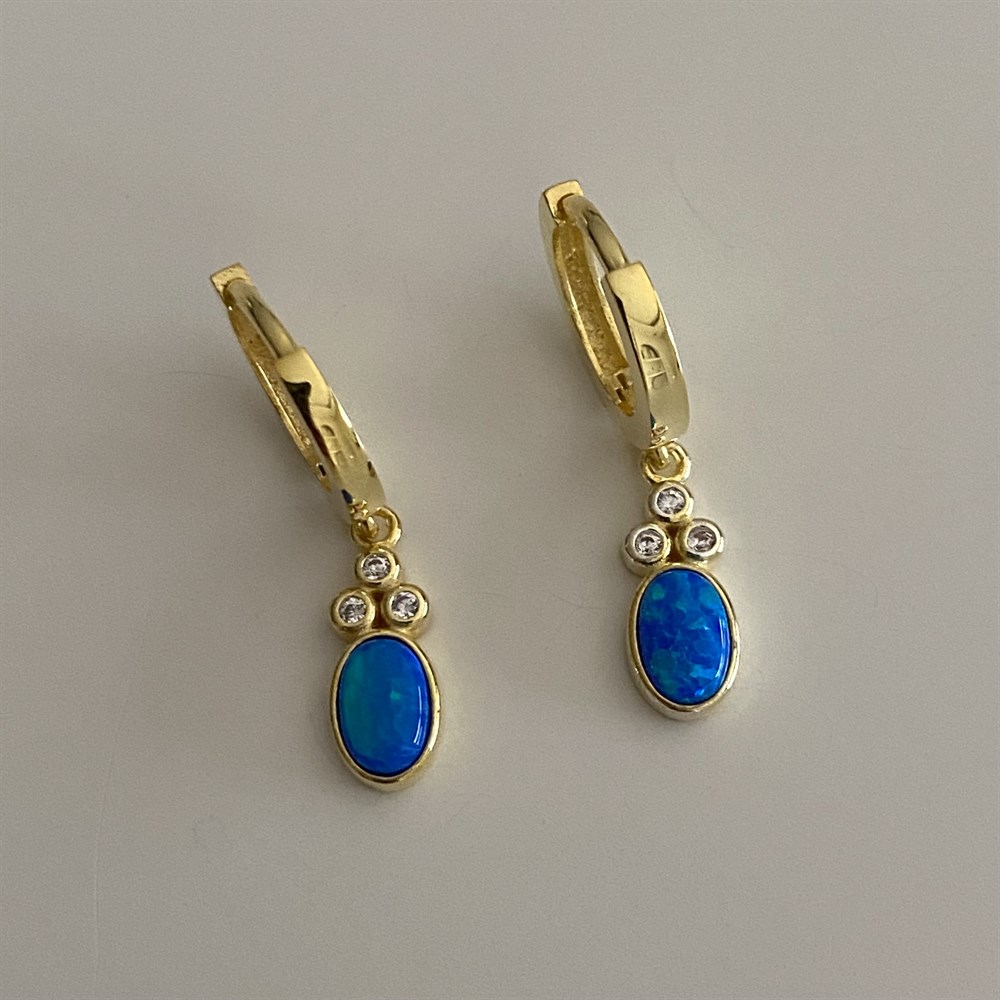 925 mavi parlak opal taşlı küpe