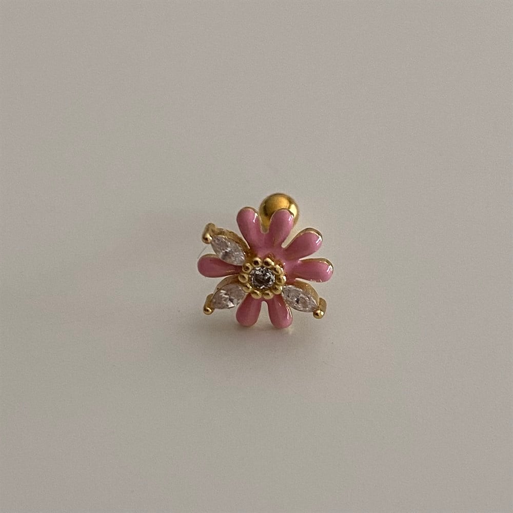 925 pembe papatya piercing küpe