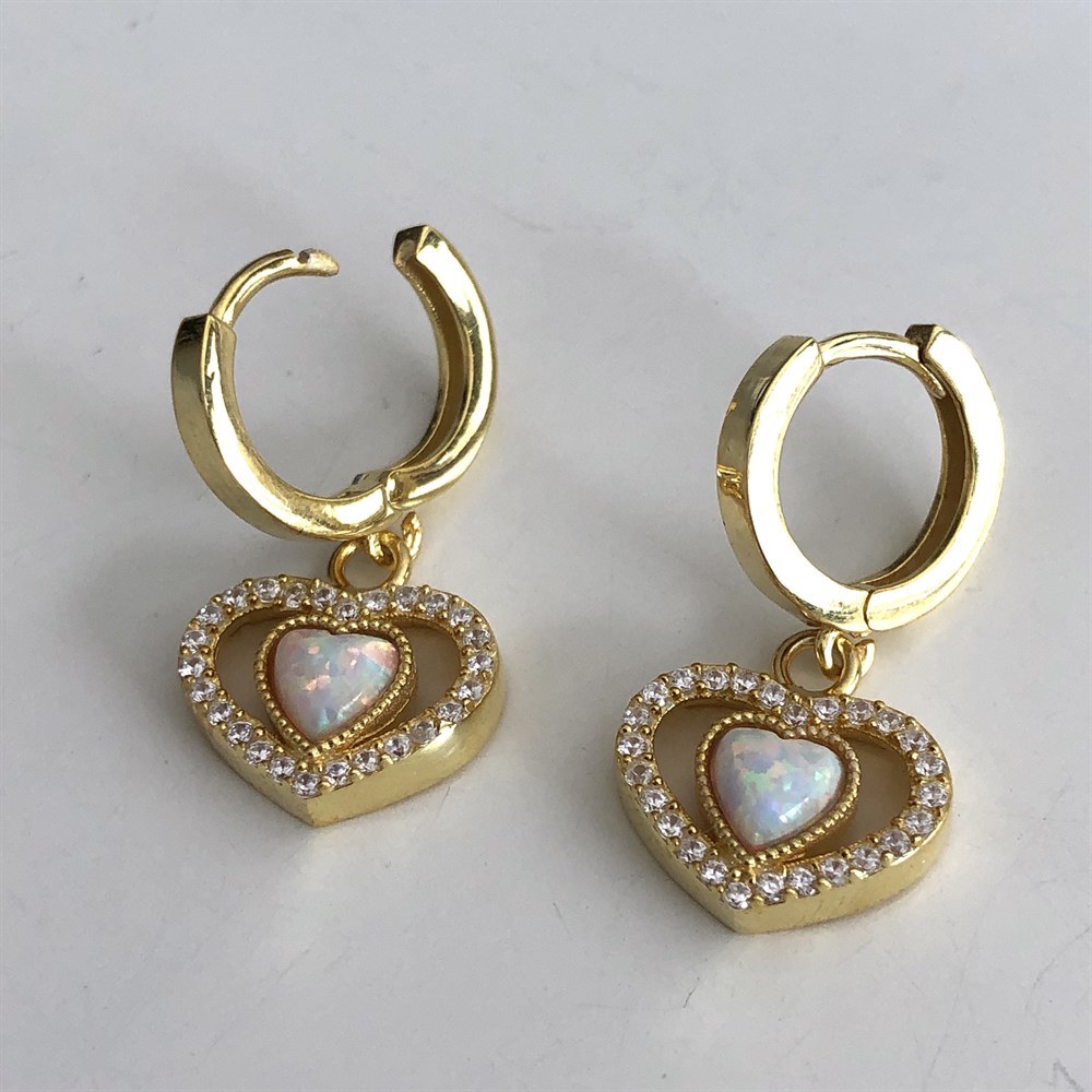 Beyaz Opal Taşlı Kalp Küpe 925