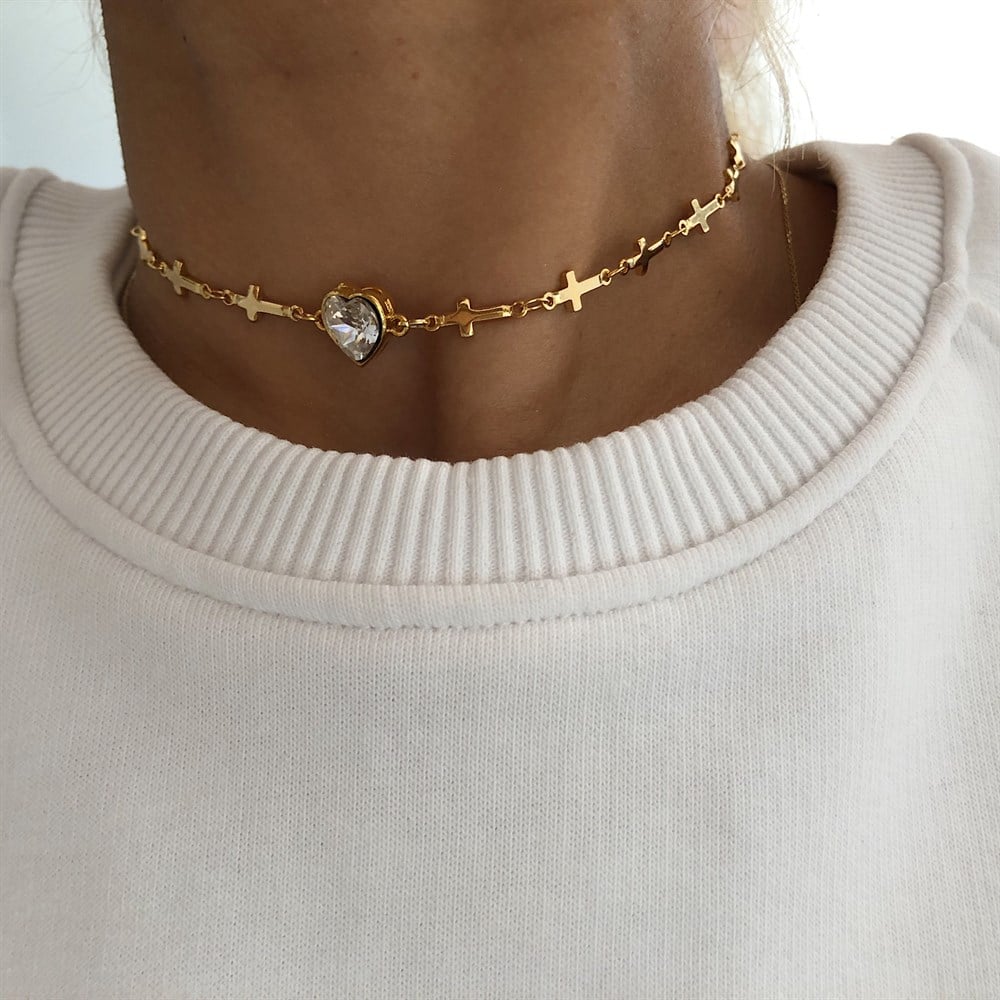 haç zincirli beyaz taşlı choker