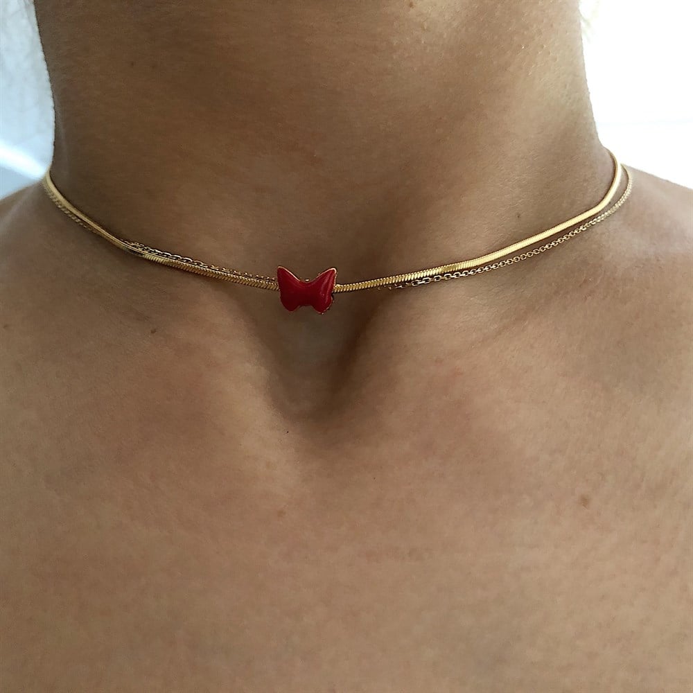 kırmızı mineli mini kelebek kolye