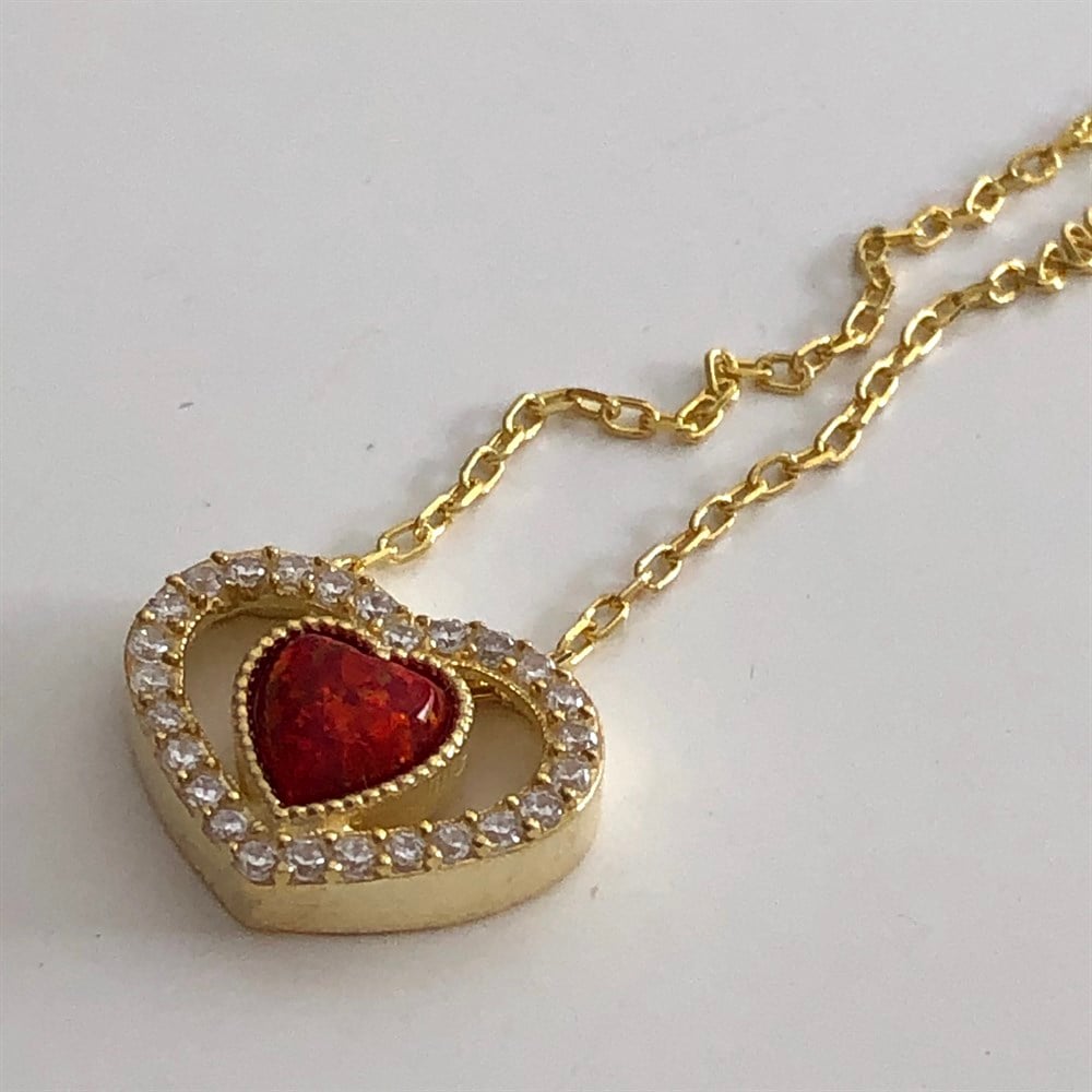 Kırmızı Opal Taşlı Kalp Kolye 925
