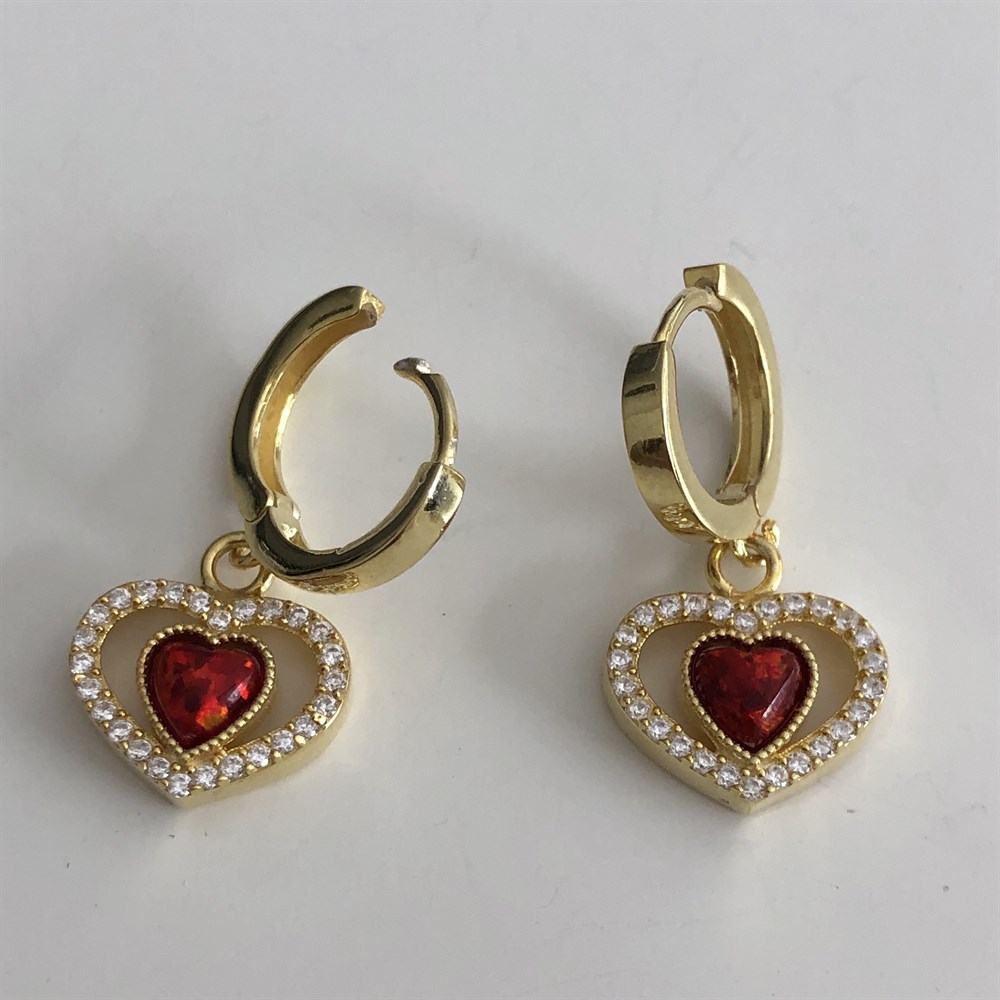 Kırmızı Opal Taşlı Kalp Küpe 925