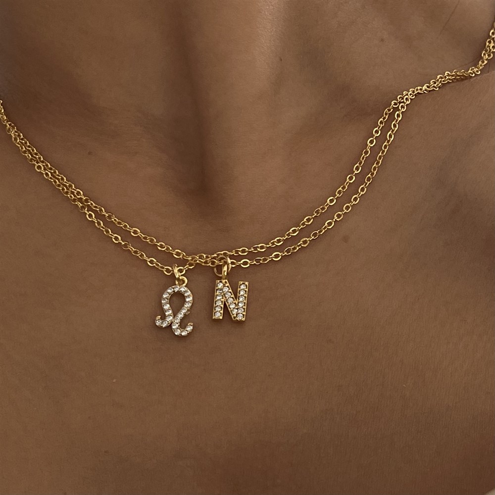 Kombin taşlı burç ile taşlı harf kolye