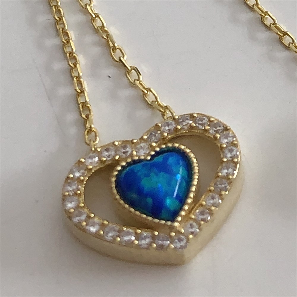 Mavi Opal Taşlı Kalp Kolye 925