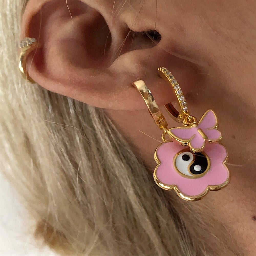 PEMBE KOMBİN yin yang ile kelebek küpe