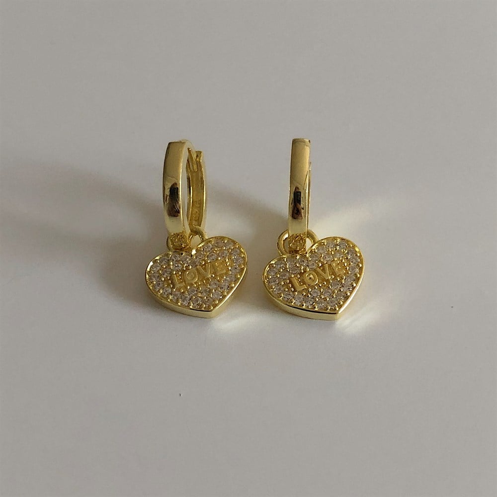 taşlı love yazılı mini kalp küpe 925