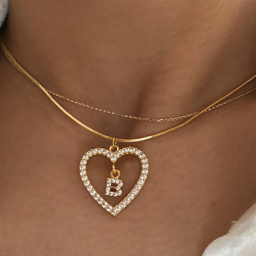 tek harfli taşlı kalp kolye