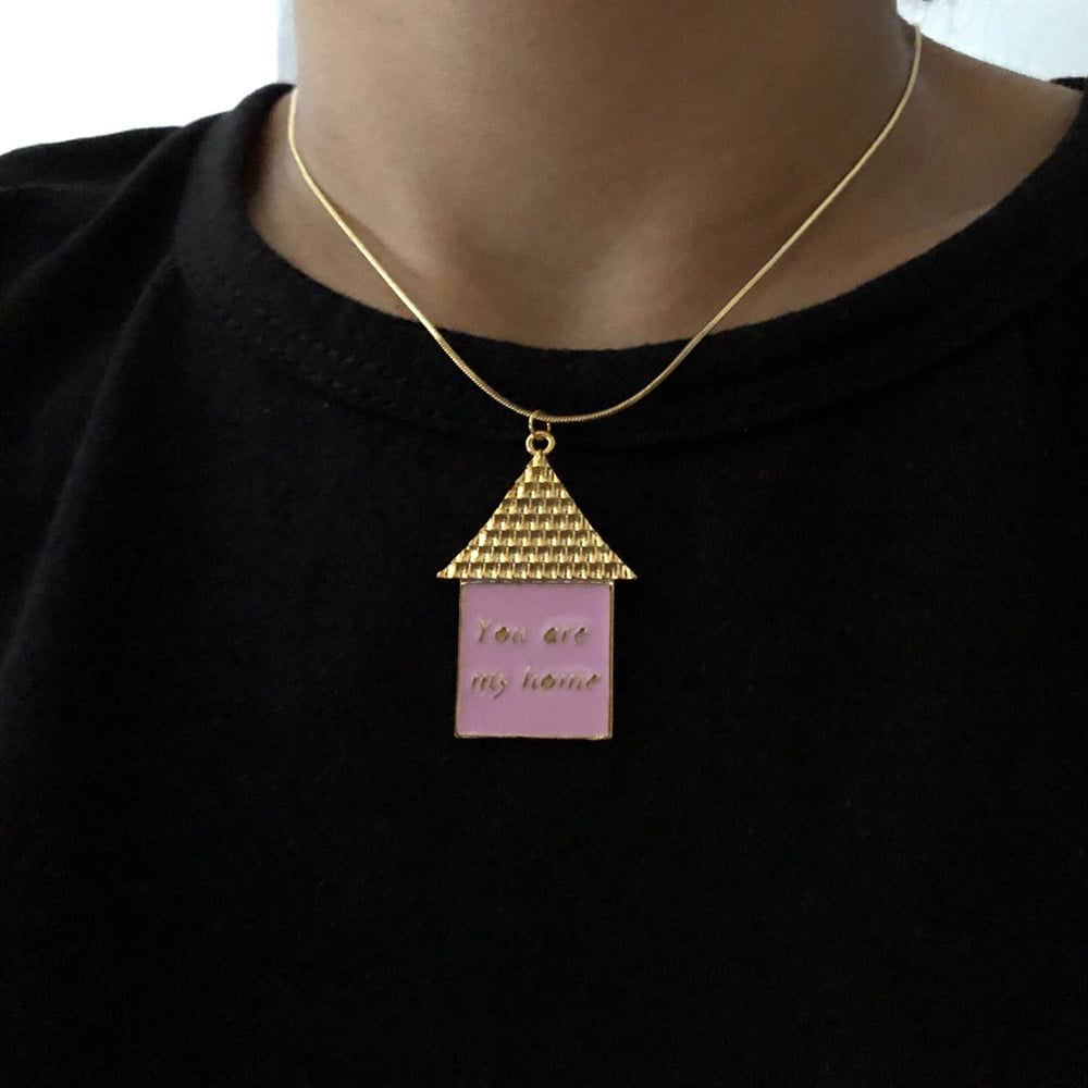 You are my home pembe mineli ev kolye