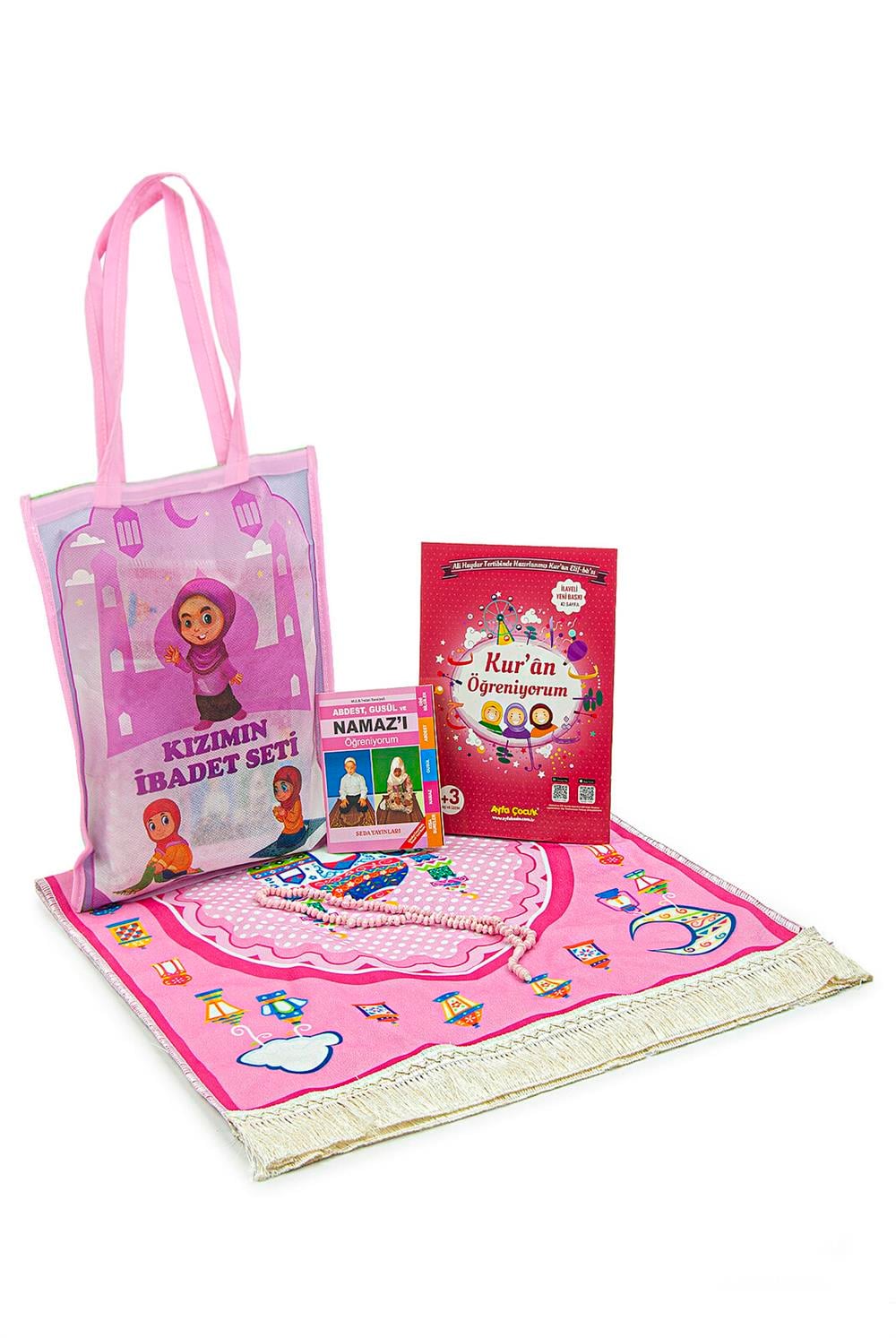 Çantalı Kuran Kursu Elif Ba Kitabı Çocuk Seccade İbadet Seti Pembe
