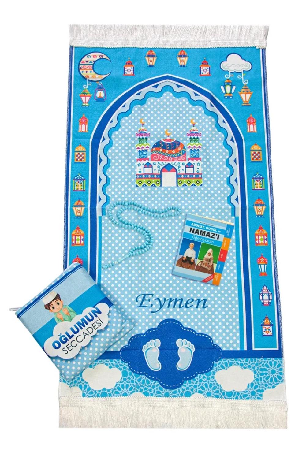 Çantalı Erkek Çocuk İsimli Seccade, Tesbih, Namaz Öğreniyorum Kitabı Seti
