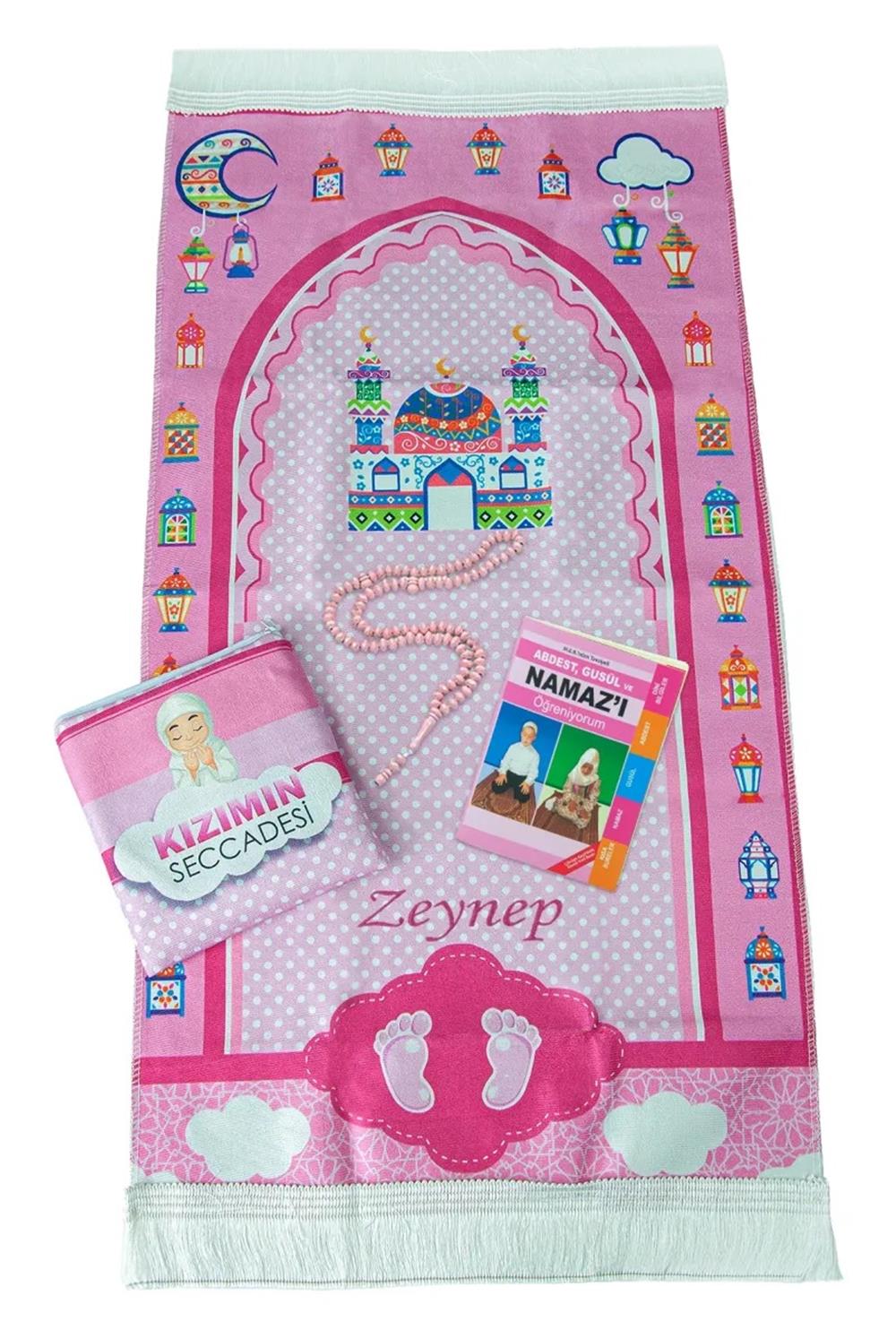 Çantalı Kız Çocuk İsimli Seccade, Tesbih, Namaz Öğreniyorum Kitabı Seti
